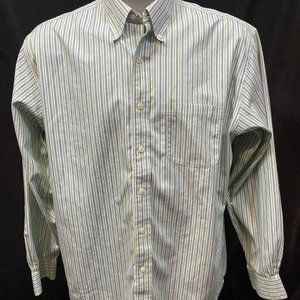 Brooks Brothers Large Non Iron Shirt Oxford Green & blue stripe Button Front Men
